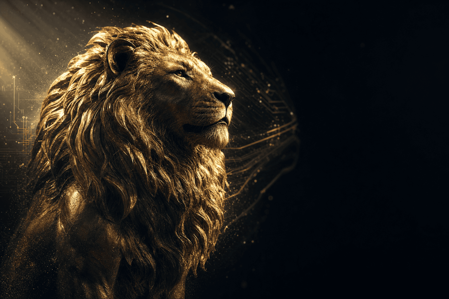A golden lion — the Adeptus mark — emerging from darkness